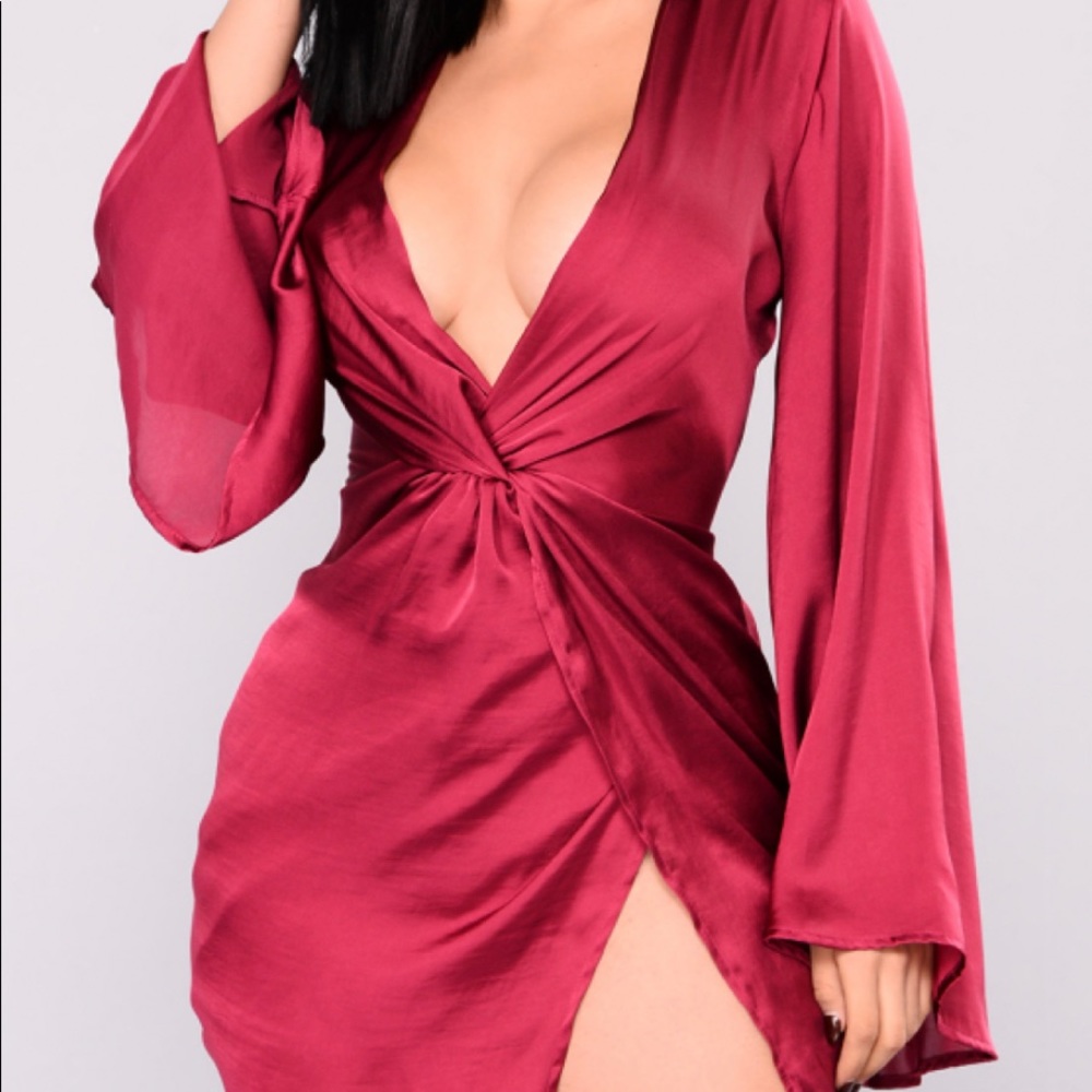 Fashion Nova Sugar Land Satin Dress in Wine